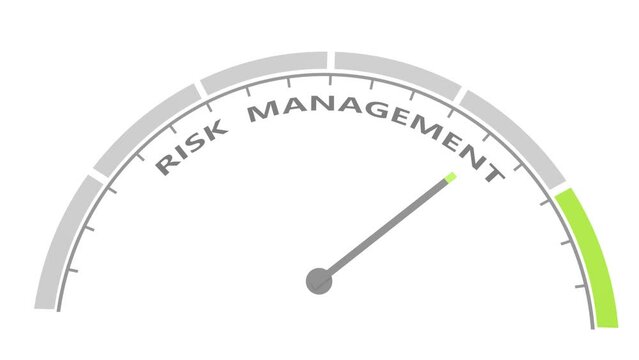 Arrow points to risk management text. Instrument scale with arrow. Colorful infographic gauge element.