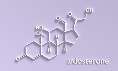 Structural chemical formula of aldosterone. Aldosterone mineralocorticoid hormone, produced by the adrenal gland. 3D render