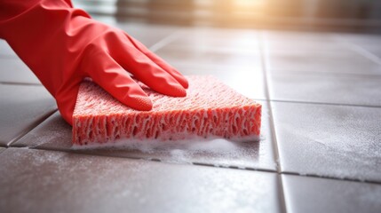 Cleaning floor tiles with sponge and rubber gloves. - obrazy, fototapety, plakaty