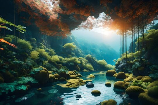 Combine natural landscapes with augmented reality elements to produce a design that blurs the line between the real and digital worlds - AI Generative - Powered by Adobe