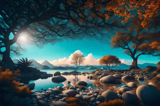 Combine natural landscapes with augmented reality elements to produce a design that blurs the line between the real and digital worlds - AI Generative