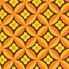 Fototapeta premium Retro Yellow Flowers on mid century circles in orange and tangerine seamless pattern,. For retro backgrounds, home decor and fabric 