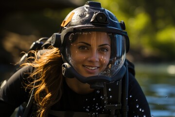 Skilled female diver gracefully explores the underwater world