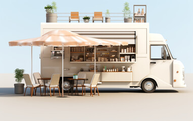 An illustration featuring a mobile beige cafe set within a food truck, providing a delightful on-the-go culinary experience.. 3D Rendering