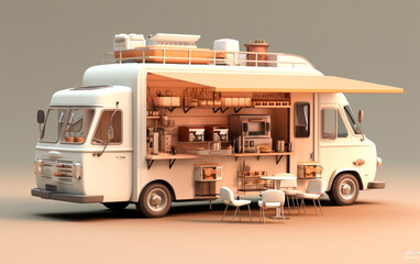 A visual representation of a mobile beige cafe set in a food truck, offering delightful culinary experiences on the go. 3D Rendering
