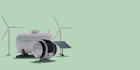Hydrogen fuel and futuristic machines, green energy and zero emissions concept, 3d illumination rendering