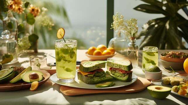 An image of an avocado-themed picnic spread, complete with avocado sandwiches, salads, and a refreshing avocado lemonade 