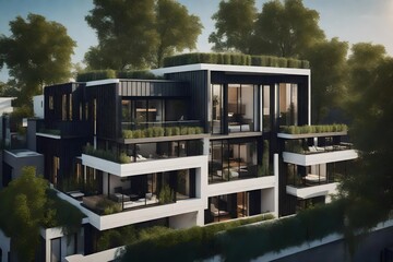 Modern townhouse with clean lines and a rooftop terrace - AI Generative