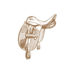 Hand drawn illustration of dressage saddle with stirrups, vintage style drawing - 636999958