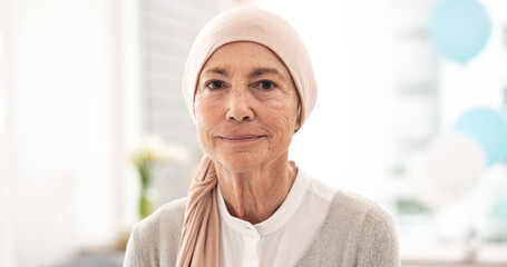 Face, elderly woman and cancer patient in hospital for healthcare, wellness and healing. Portrait,...