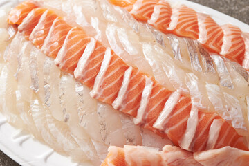 Fresh salmon sashimi and white fish sashimi   - obrazy, fototapety, plakaty