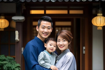 In a traditional Japanese home, a couple in traditional attire holds their newborn in a close-up portrait, radiating a harmonious and traditional family mood. Generative AI.