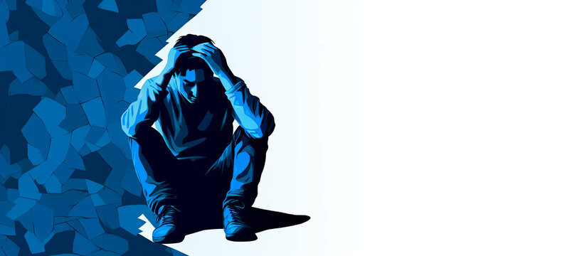 A young person is sitting on the floor, battling against their mental health problems,copy space