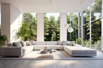 Modern white interior with beautiful backyard 8K