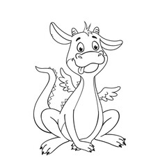 Funny little fairytale dragon. Black and white picture in cartoon style. For coloring book. Isolated on white background. Vector illustration. Symbol of the Chinese New Year