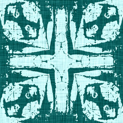 Teal blue white vibrant watercolor batik azulejos tile border banner background. Seamless coastal blur linen effect geometric mosaic effect. Patchwork nautical masculine summer ribbon trim. 