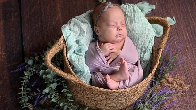 Sleeping newborn beautiful cute baby girl or boy before photosession during first week of life. 4k slow motion raw video. Happy Family concept. Small baby in provence basket with lovanda flowers 