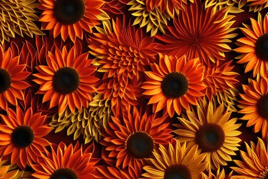 red orange gold leaves, quilled sunflowers repeating pattern - AI Generative