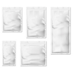 Blank white sachet packet with tear notches vector mock-up set. Individual plastic bag package for cosmetic, medical or food product mockup. Template for design - obrazy, fototapety, plakaty