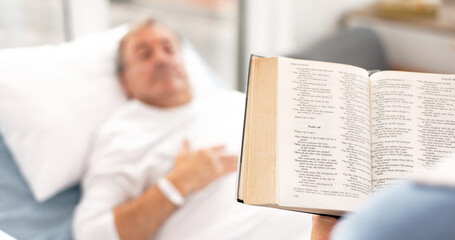 Medical, a woman reading the bible to her husband during a visit and a couple in the hospital....