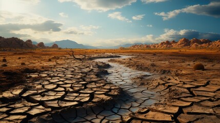 Fototapeta na wymiar Dry lake in the desert with cracked soil, Global warming concept