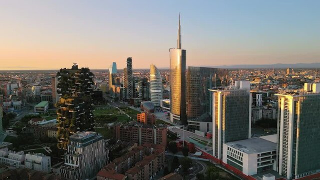 aerial view drone of milan city skyline business financial area at sunrise dawn,urban modern town