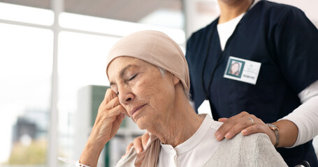 Comfort, senior woman and cancer patient with nurse in hospital for support, healthcare and...