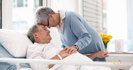 Hospital, love or elderly couple, sick patient and affection for empathy, marriage bond and support...