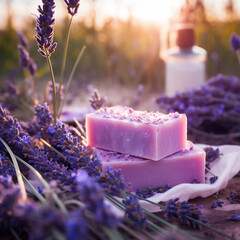 Obraz na płótnie Canvas Organic lavender soap handmade in a lavender field with beautiful light
