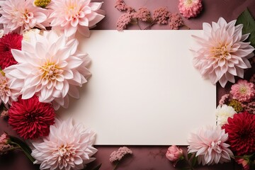 Obraz na płótnie Canvas mockup white blank card sheet of paper on pink background with red and pink dahlia flowers