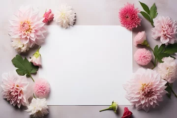 Foto op Aluminium mockup square white blank card with pink dahlia flowers and leaves © Маргарита Вайс