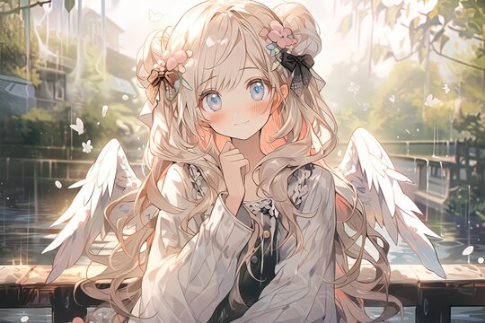 Cute Blushing Anime Girl With Blond Hair And White Angel Wings