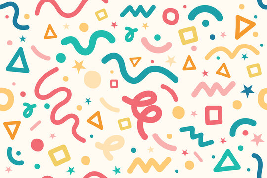 seamless colorful line doodle  pattern, minimalist style art background for children or trendy design with basic shapes. Simple childish scribble backdrop.
