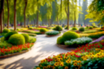 Abstract blurred illustration background. Defocus garden, public park trees, flowers and street walking people path for outdoor travel relax event festival carnival landmark. - obrazy, fototapety, plakaty