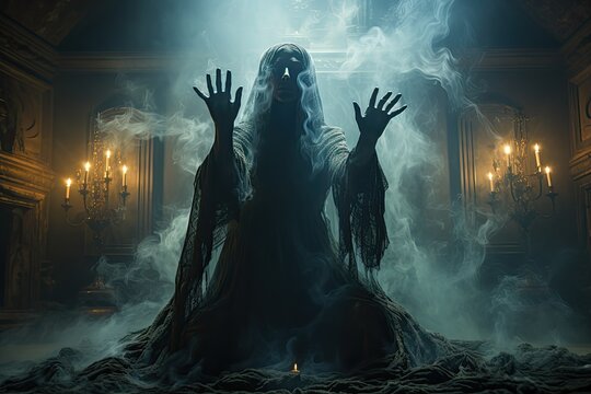 Captivating Halloween unique costume with haunting hand gesture, gothic art, eerie lighting, haunted mansion, artistic photograph, spooky mood, creative photo manipulation technique