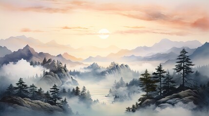idyllic mountain landscape with rocks overgrown with coniferous forest at sunset in the fog