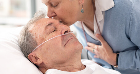 Drip, hospital bed and senior man sleeping with ventilation and breathing tube in a clinic. Elderly...