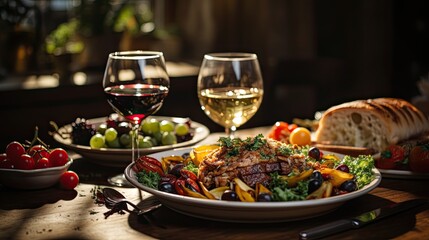Delicious Thanksgiving dinner with roasted turkey, autumn harvest, Thanksgiving table setting, festive feast, traditional food, close-up shot, warm and inviting, harvest colors, indoor photography