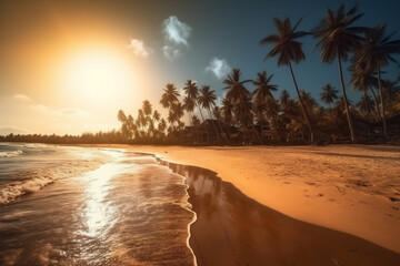 landscape sunset beach sunrise sky ocean sea palm island sun. Generative AI.