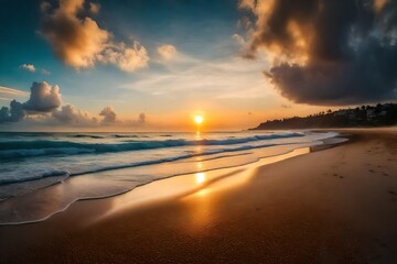 Naklejka na ściany i meble the cinematic wide-angle scene, beach sunset scene - AI Generative