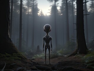 a slim grey alien view from back standing in a dark forest - obrazy, fototapety, plakaty