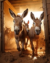 Donkey kicks open the barn door, surprising everyone inside.
