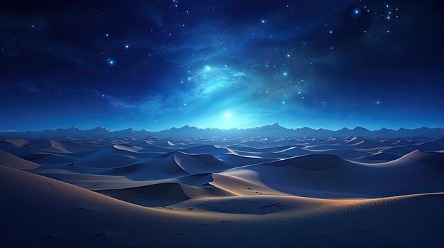 fantastic dunes in the desert at night with sparkling stars with an oasis © HandmadePictures