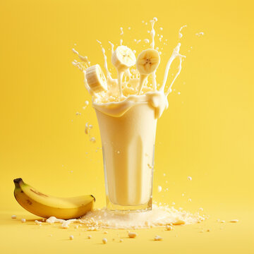banana milkshake in glass with sprinkles on yellow background