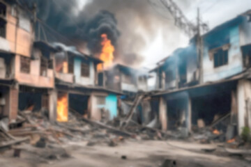 Abstract Burred background illustration. Damage from fire accidents. Inferno Unleashed. The Smoke and Devastating Blaze. Home house building fire incident for insurance business advertisement.