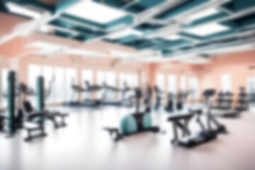 Abstract blurred background illustration. Aesthetic Interior Design of Gym Space with Abundant Exercise Equipment. Modern fitness gym for healthy exercise.