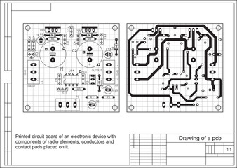 Vector printed circuit board of an electronic 
device with components of radio elements, 
conductors and contact pads placed on it. 
Engineering drawing with grid.