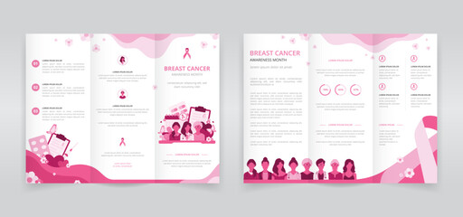 Women's health awareness or breast cancer awareness month trifold brochure, pamphlet, triptych leaflet or flyer template - obrazy, fototapety, plakaty