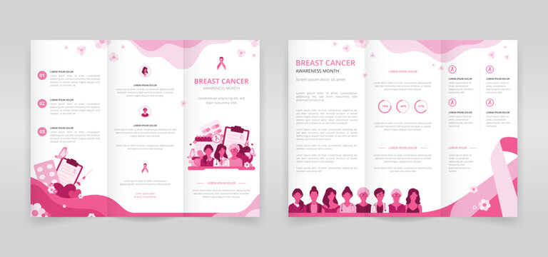 Women's health awareness or breast cancer awareness month trifold brochure, pamphlet, triptych leaflet or flyer template