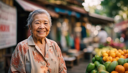 Elderly asian lady outdoors with copy space - obrazy, fototapety, plakaty